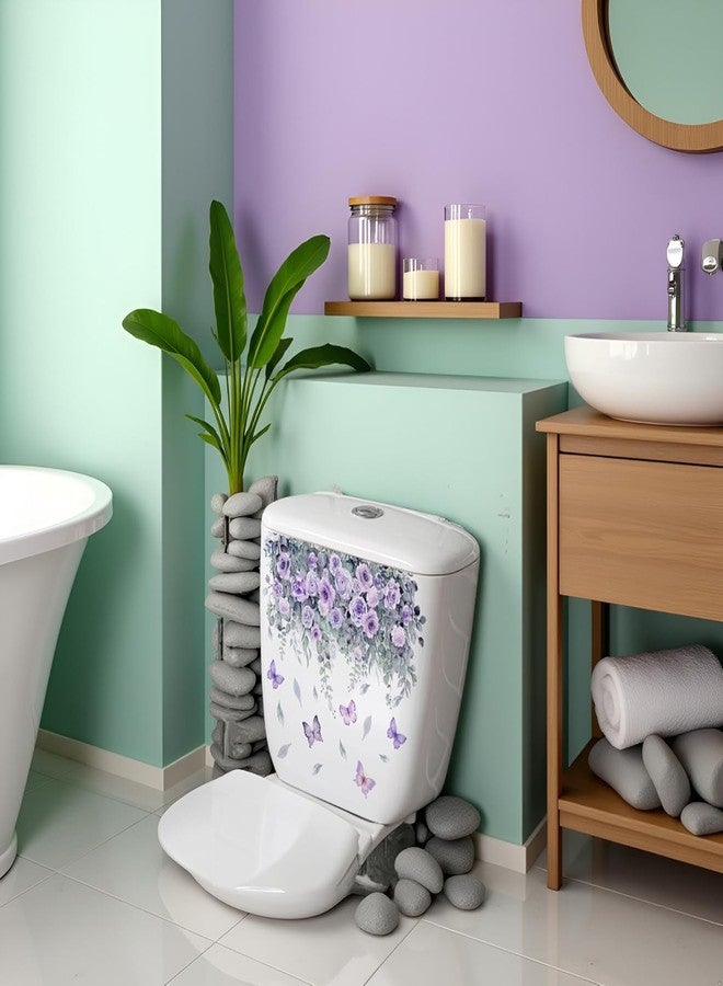 aoukoslt Waterproof Toilet Decals - Botanical Floral Design with Purple Roses and Butterflies, Self-Adhesive Removable Vinyl Stickers for Bathroom Decor, Rental Home Upgrade (13.78x9.84 Inch) - Image 3